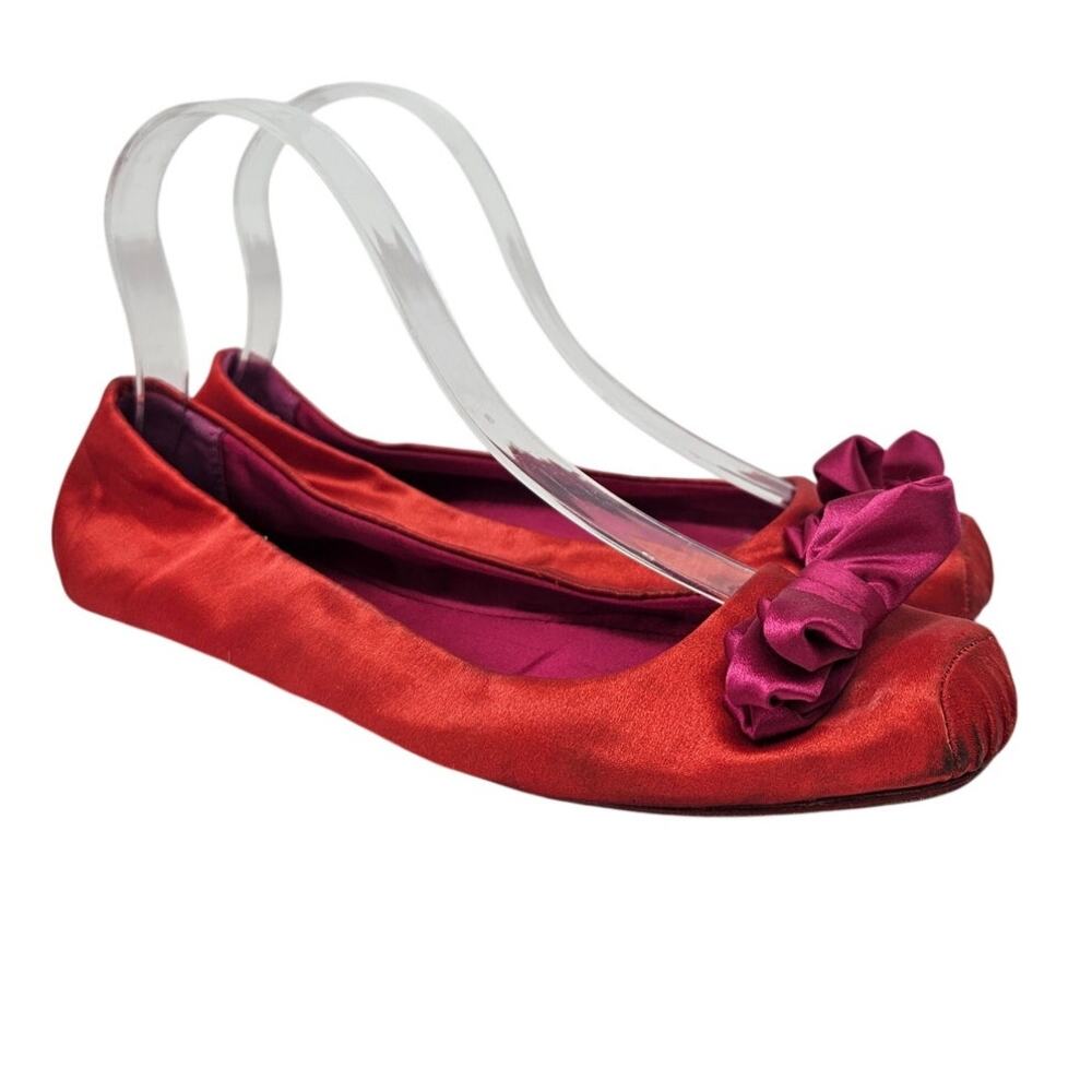 Vintage Y2K Kate Spade 7.5 Pink Red Satin Ballet Flat Preppy Glam Bright